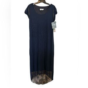 AGB Navy Sheer Overlay Hi lo Beaded Rose Sunburst Ruffle Midi Evening Dress 14